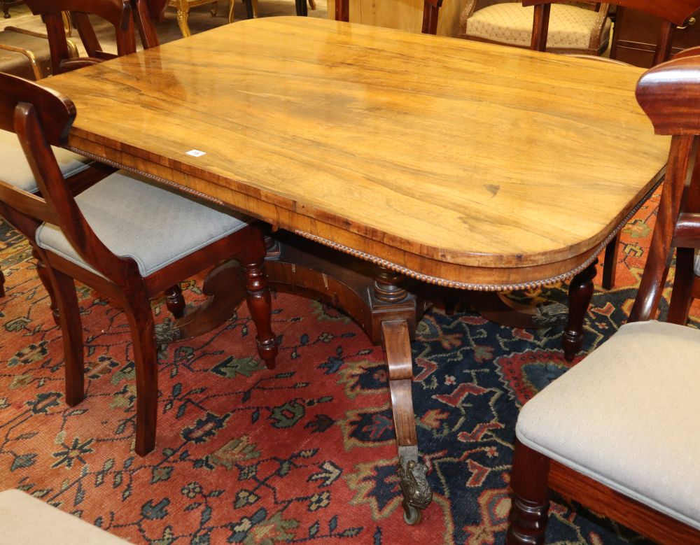 A Regency rectangular rosewood tilt top dining table, W.140cm, D.96cm, H.70cm